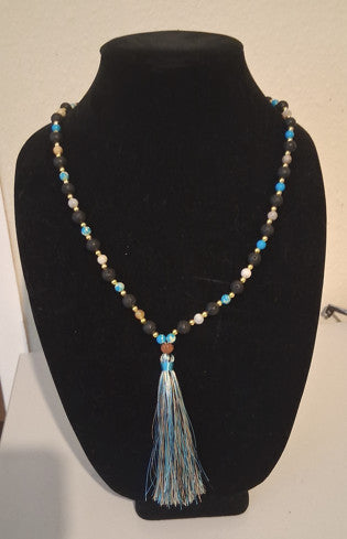 Natural Black Onyx with Blue and brown Tassel