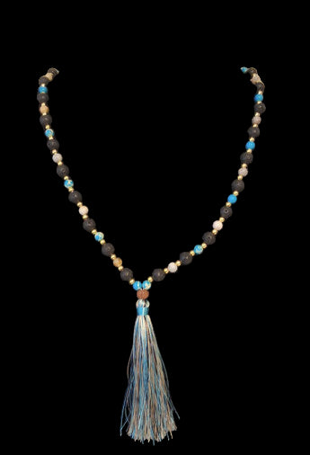 Natural Black Onyx with Blue and brown Tassel