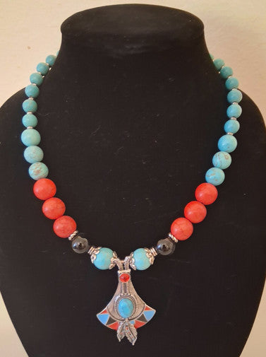 Necklace Turquoise and Red Beads