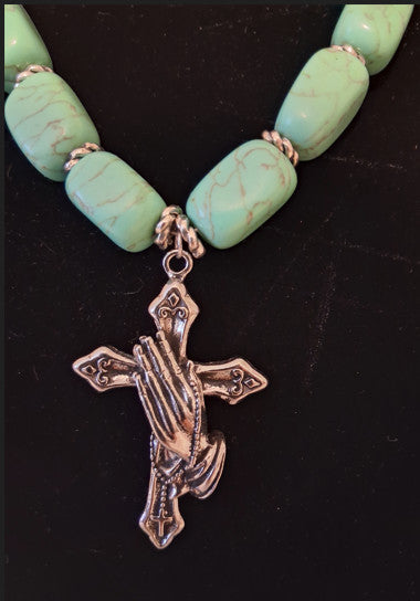 Turquoise and Red beads / Cross with praying hands