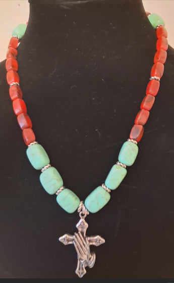 Turquoise and Red beads / Cross with praying hands
