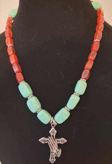 Turquoise and Red beads / Cross with praying hands