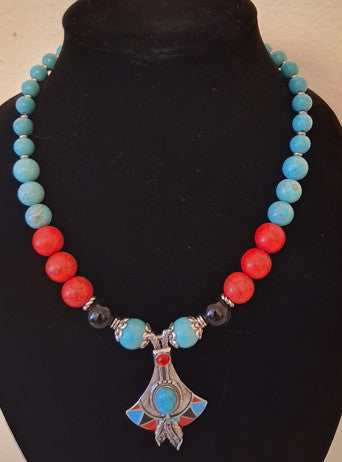 Necklace Turquoise and Red Beads
